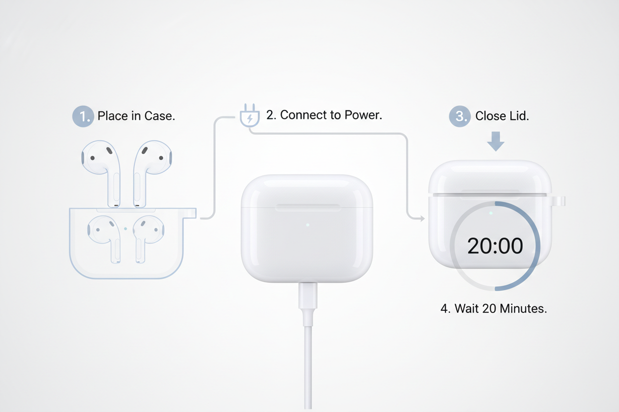 Put both AirPods in the charging case and Connect the case to a power source, Close the lid and wait 20 minutes.